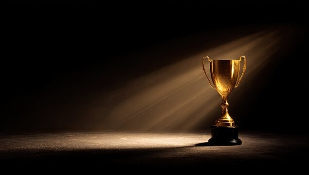 A golden trophy sits illuminated by a spotlight in a darkened room, creating dramatic light