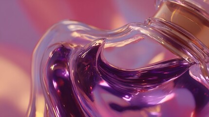 Close-up of a sculpted glass perfume bottle with a purple liquid, showcasing its iridescent and flowing form against a blurred pink and blue background