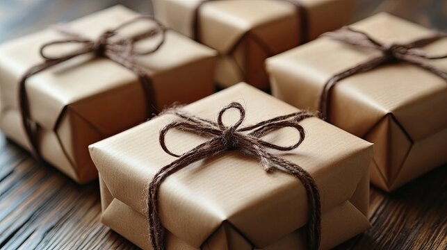 Elegant wrapped presents in brown paper with string bows on wooden surface creating a warm cozy