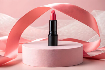 Elegant pink lipstick display with flowing ribbons