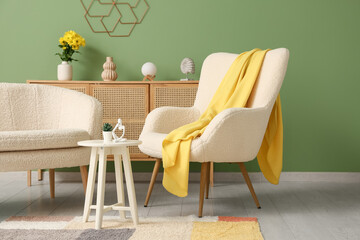 Interior of modern living room with comfortable sofa, armchair, coffee table and plaid