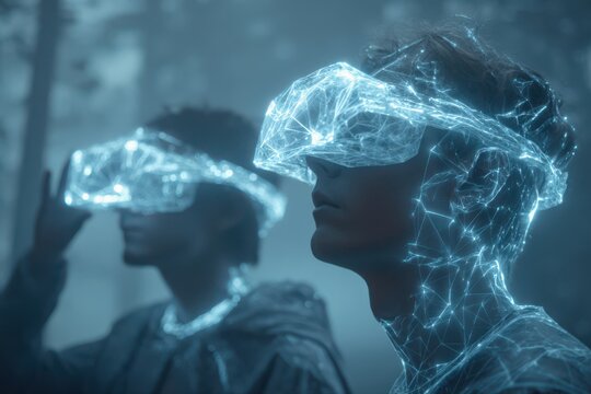 A futuristic image of a man with a glowing head in an NFT marketplace filled with plexus-style designs.