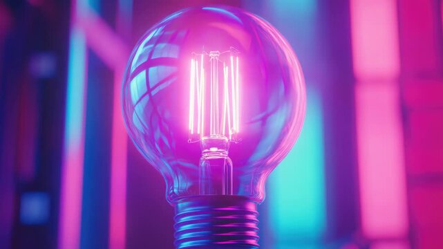 Illuminated incandescent bulb with glowing filament against colorful backdrop.