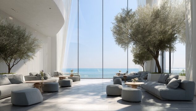 Fototapeta Bright room with sofas and plants, overlooking a blue ocean seen through tall, sheer curtains