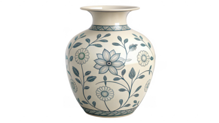 Elegant cream ceramic vase with blue floral and leaf motif