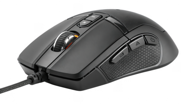 Ergonomic gaming computer mouse with textured grip and scroll wheel