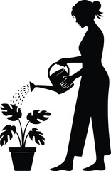 Woman Watering Plant Silhouette – Gardening and Nature Care Vector Illustration