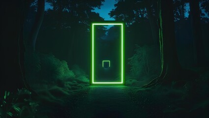A neon green rectangular frame illuminates a dark forest path on the surrounding trees, abstract background 