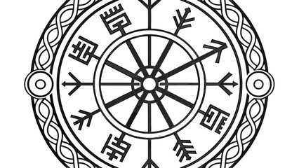 Obraz premium Detailed helm of awe symbol with runes and circular patterns in black and white design art