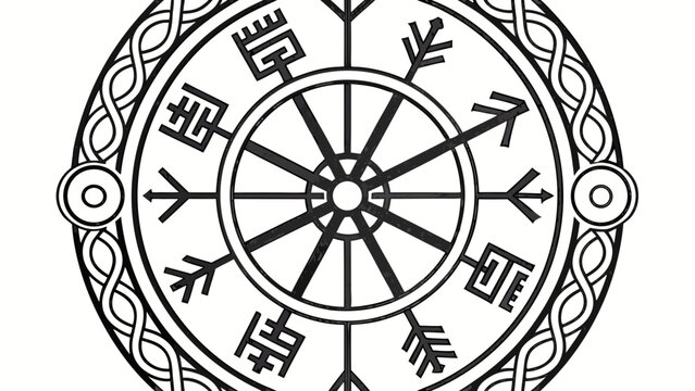 Detailed helm of awe symbol with runes and circular patterns in black and white design art
