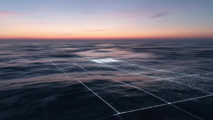 Ocean data grid at sunset, technology network visualization over sea surface. - Powered by Adobe