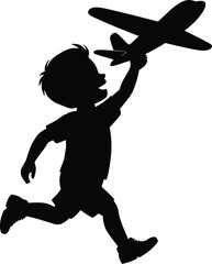 Boy Playing with Toy Airplane Silhouette – Childhood Imagination Vector Art