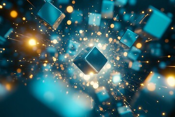 Floating Cubes with Sparkles Glowing in Blue and Gold Colors