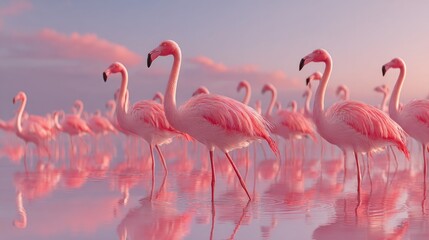 Elegant flock of flamingos wading in shallow water at soft sunset light