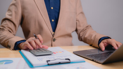 Financial Expertise Action Businessman Analyzing Chart Data Laptop, Meeting Financial Goals, Assessing Cost Sustainability, Setting New Standard Business