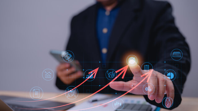 Reaching Goal Hand Touch Activates Growth Arrow Virtual Interface, Showcasing Data Development Icons Strategic Meeting Chart Analysis