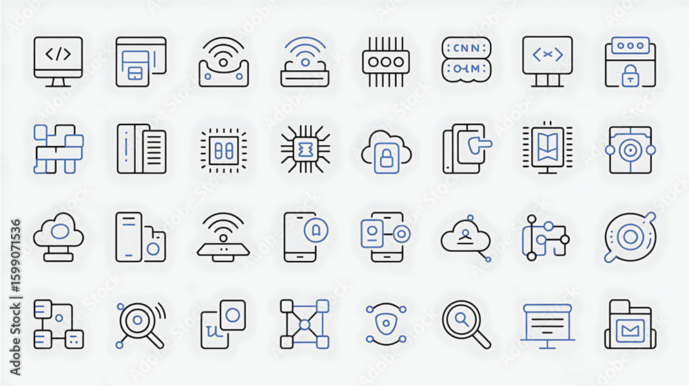 Fototapete Technology and data icons with blue and black outlines on white computer code