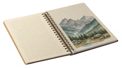 Open spiral notebook displaying a watercolor mountain landscape on the right page, left page is lined