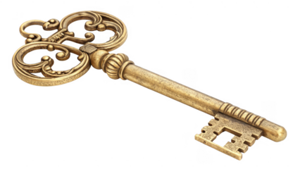 Ornate antique golden key with intricate scrollwork detail, symbol of access and discovery