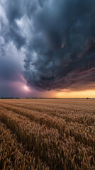 Dramatic thunderclouds and lightning strike over golden wheat field during sunset before the storm