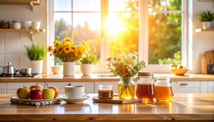 Sunlit Kitchen Table with Honey, Apples, and Flowers