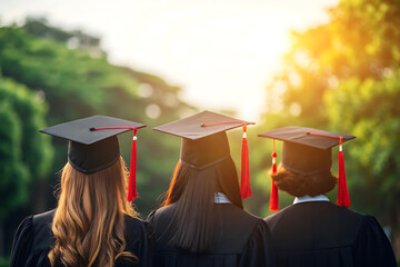 Graduates in caps and gowns facing the setting sun