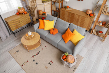 Living room interior with grey sofa, coffee table and wicker basket of different pumpkins, top view