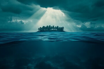Island Paradise with Palm Trees and Sun Rays Breaking Through Storm Clouds