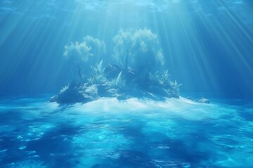 Fototapeta premium Tropical Island Oasis Underwater with Sun Rays and Tranquil Blue Water