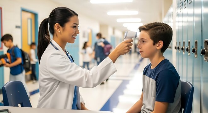 Nurse using a thermometer: School hallway health check, gentle and caring