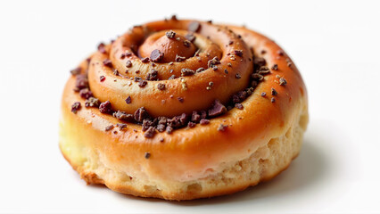 A single fresh cinnamon bun with a golden brown crust and crumbled topping isolated on a white background. Suitable for bakery menus, food blogs, or advertisements.