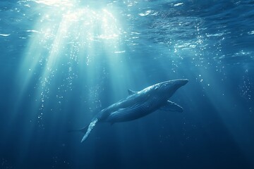 Fototapeta premium Blue Whale Swimming Underwater with Sunlight Streaming From the Surface