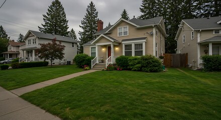 A perfect nighborhood. Average residential house with concrete pathway to the main entrance over lush front yard lawn | Updated View