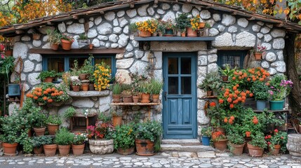 Charming Stone Cottage Adorned with Abundant Flowers