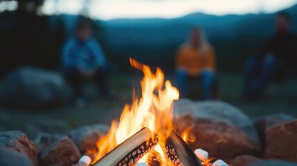 Cozy campfire scene with a family roasting marshmallows together surrounded by the peaceful ambiance of a serene nature landscape at night