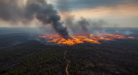 Aerial View of Wildfire Spreading Through Dense Forests and Smoke Billowing in the Sky at Sunset