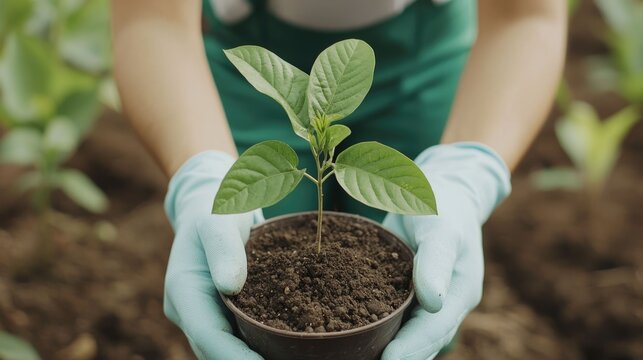 Volunteer planting young seedling in community garden filled with hope and optimism for a sustainable future  Hands in gardening gloves gently placing plant in fertile soil