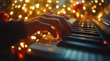 A Christmas Carol: A Hand Playing on the Piano Keys with Festive Lights in the Background