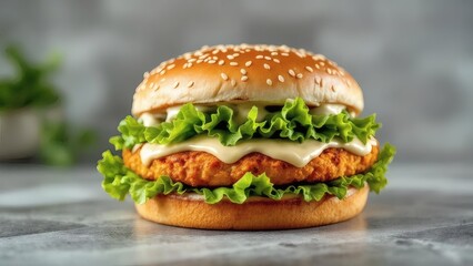 Delicious Burger with Crispy Patty and Fresh Lettuce Close Up Food