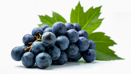 Fototapeta premium A cluster of fresh dark blue grapes with green leaves isolated on a white background. Suitable for food, nutrition, and healthy eating concepts in advertising or editorial use.