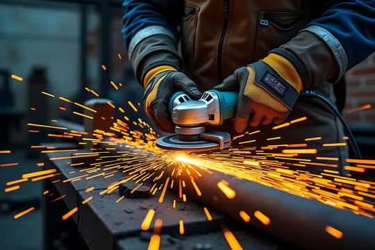 Worker grinding metal creating a shower of sparks