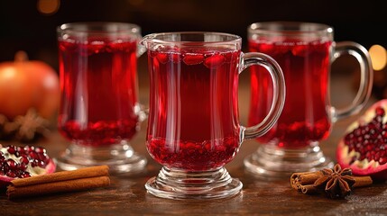 Three Glasses of Warm Pomegranate Drink with Cinnamon and Star Anise