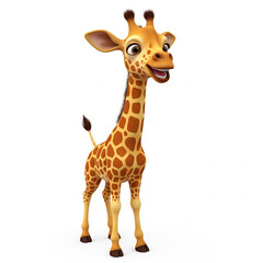 Obraz premium Happy 3D giraffe baby with a tiny tail and big smiling face, standing on white background