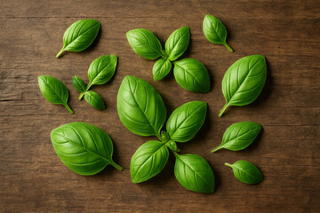 Fresh Basil Leaves on Wood Photos