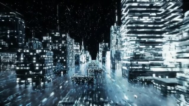 Futuristic urban driving simulation, nighttime city background for VR game dev