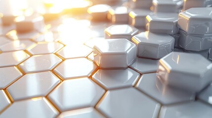 Abstract Hexagon Pattern:  A Modern Geometric Design with Warm Light and Glossy White Hexagons