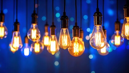 Warm light bulbs against a deep blue bokeh background