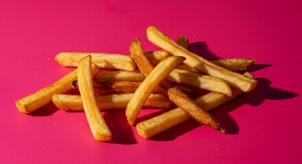Golden French Fries Pile on Vibrant Pink Background