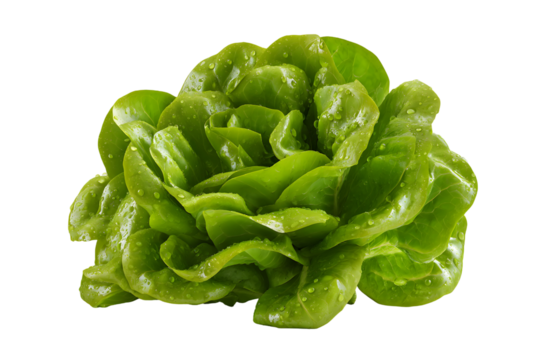 Fresh and vibrant butterhead lettuce with dew drops against a transparent background