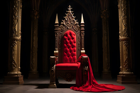 Ornate Red Velvet Throne in Gothic Chamber: Regal Power, Dark Elegance, Fantasy Setting.